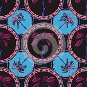 Seamless pattern with ornamental circle and palm trees. Vector.