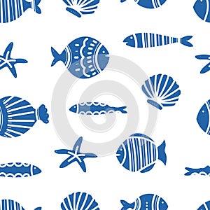 Seamless pattern of ornamental fish.Tiling fish pattern. Hand drawn marine illustrations of fish and sea elements