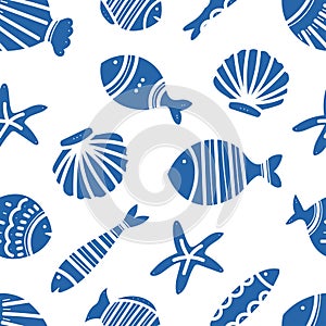 Seamless pattern of ornamental fish. Tiling fish pattern. Hand drawn marine illustrations of fish and sea elements