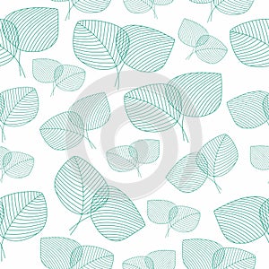 Seamless pattern. Ornamental linear leaf's isolated on white background. Light green color.