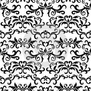 Seamless pattern with ornate Damask ornament on a white background. Design of curls and plant elements.