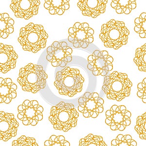 Seamless pattern of ornate orange mandalas on a white background, abstract round curls for design