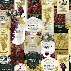 Seamless pattern with ornate wine labels