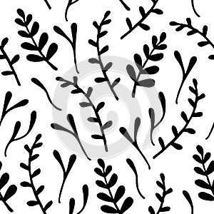 Seamless pattern of outlandish hand drawn black line different herbs. Vector illustration on white background