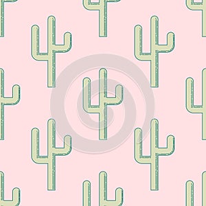 Seamless pattern outline cactus on pink background. Vector illustration.