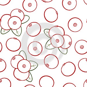 Seamless pattern from outline red cranberries with green leaves on a white background.