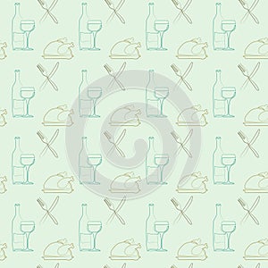 Seamless pattern with outline turkey thanksgiving dinner serving