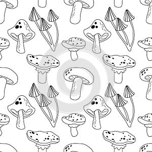 Seamless pattern with outline white mushrooms. Silhuette of mashroom on white background. Wallpaper and bed linen print.