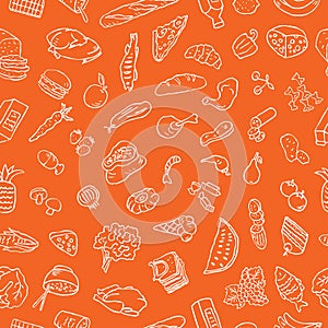 Seamless pattern of outlines of different foodstuff