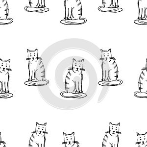 Seamless pattern of outlines funny cartoon domestic cats