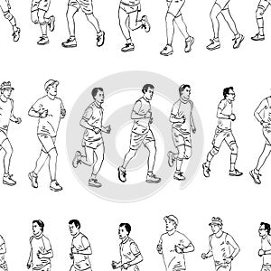 Seamless pattern of outlines group city men jogging