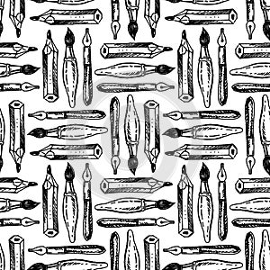Seamless pattern of outlines pens, pencils and brushes