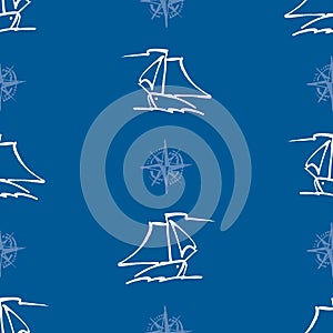 Seamless pattern of outlines sailing yachts in sea