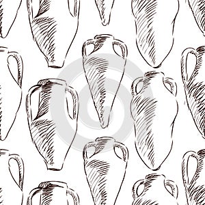 Seamless pattern of outlines various ancient greek amphoras