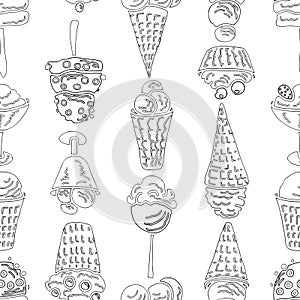 Seamless pattern of outlines of various ice cream in cups,cones and popsicle