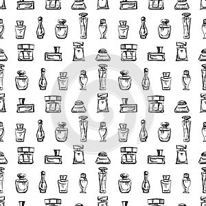 Seamless pattern of outlines various perfumes bottles