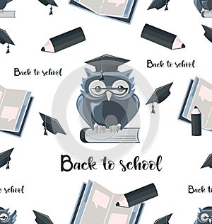 Seamless pattern with owl with an open notebook and a pencil. Back to school.