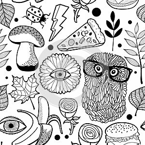 Seamless pattern with owls for coloring book.