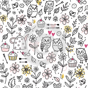 Seamless pattern with owls, flowers, cupcakes, arrows, cherries, hearts. Funny vector illustration. Hand drawn elements.