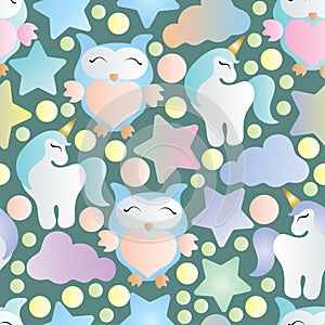 Seamless pattern with owls, unicorn and stars