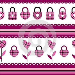 Seamless pattern for packaging or background for Valentine`s Day or wedding. Heart shaped flowers and padlock with pink buffalo