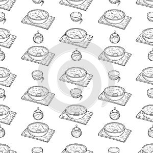 Seamless pattern for packaging of food delivery in black isolated on white background. Hand drawn vector sketch illustrations with