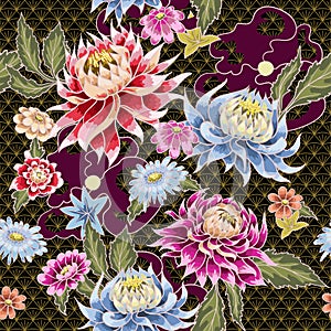 Seamless pattern from painted aster flowers. Japanese style.