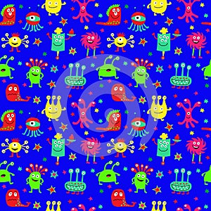 Seamless pattern with painted cute monsters and stars