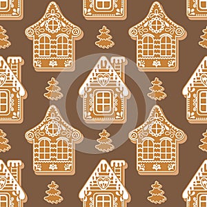 Seamless pattern, painted gingerbread houses, Christmas background. Print, decor vector