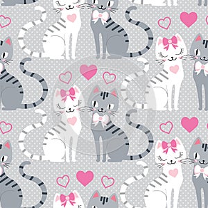 Seamless pattern with a pair of cats in love on a gray background. Vector