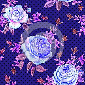 Seamless pattern of pale blue roses and twigs on a dark blue background in polka dots, watercolor drawing