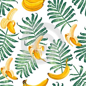 Seamless pattern with palm leaves and banana fruits.