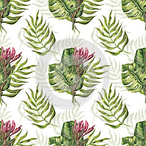 Seamless pattern with palm leaves and protea