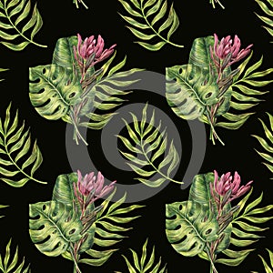Seamless pattern - palm leaves and protea on black