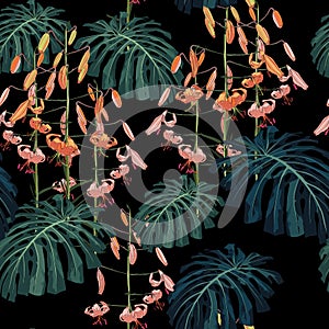 Seamless pattern with palm monstera leaves and tropical lilies flowers.