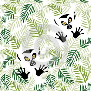 Seamless pattern with palm tree leaves and lemur