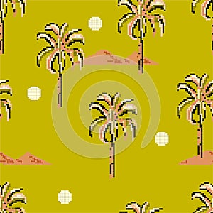 Seamless pattern Palm trees and island mountain pixle  in vector illustration. Design for fashion , fabric, web ,wallpaper,