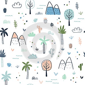 Seamless pattern with palm trees and mountains
