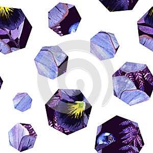 Seamless pattern with pancy and blueberry in heptagons photo