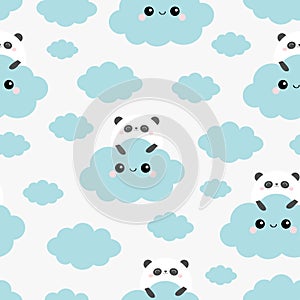 Seamless Pattern. Panda bear face holding cloud in the sky. Cute cartoon kawaii funny smiling baby character. Wrapping paper,