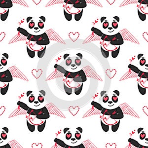 Seamless pattern with panda and hearts. Funny animals.