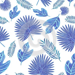 Seamless pattern of pantone blue watercolor pencils hand drawn tropic leaves on white background
