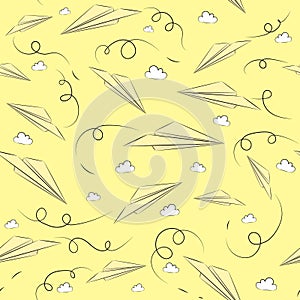 Seamless pattern with paper airplane and cloud