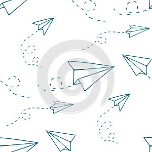 Seamless pattern with a paper airplane. Hand drawn Doodle vector illustration