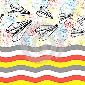 Seamless pattern with paper airplane over the colorful waves. Travel, route symbol on dotty background. Vector illustration