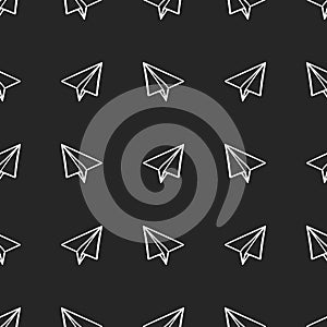 Seamless pattern with paper airplanes in doodle, hand drawing style on a black background Vector illustration
