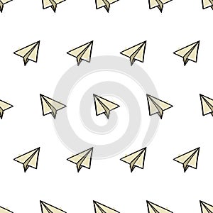 Seamless pattern with paper airplanes in doodle, hand drawing style in color Vector illustration