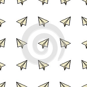 Seamless pattern with paper airplanes in doodle, hand drawing style in color Vector illustration