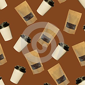 Seamless pattern of paper cups and pouch bags with coffee beans isolated on a brown background