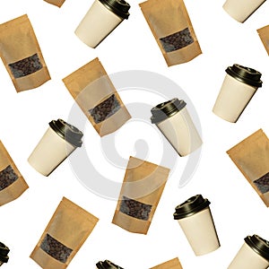 Seamless pattern of paper cups and pouch bags with coffee beans isolated on a white background